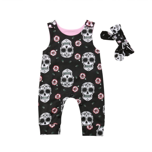 nvzhuang Girl’s Halloween Skull Printed One-piece Romper Set, Sleeveless Snap Button Crotch Strap Bodysuit with Printed Bow Hairband