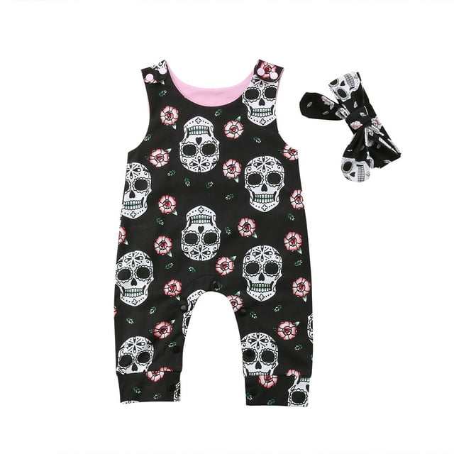 xiaxaixu Ensemble de Barboteuse Skull pour Fille, Justaucorps Sans Manches avec Bandeau