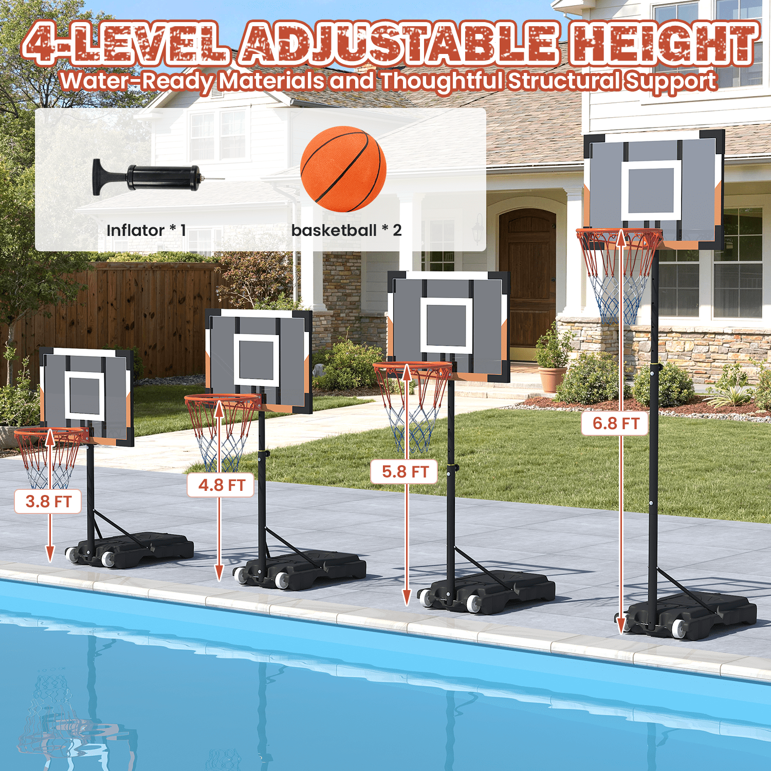 Bezliving Pool Basketball Hoop, Height Adjustable 3.9" to 6.9", Orange Steel Frame, Water Base, Includes Air Pump, 8-Inch Rubber Ball, Indoor & Outdoor Use