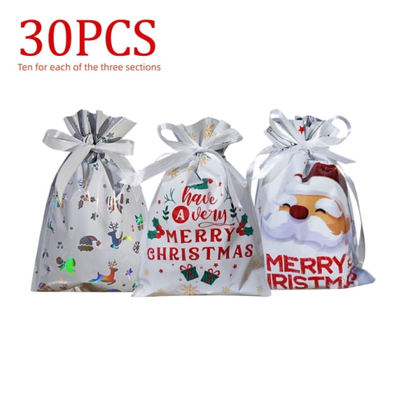 Un Ensemble de Sacs Cadeaux de Noël Réutilisables avec Cordon de Serrage pour les Fêtes de Noël, Tailles Assorties, Ensemble de 30 Petits Sacs, 3 Designs
