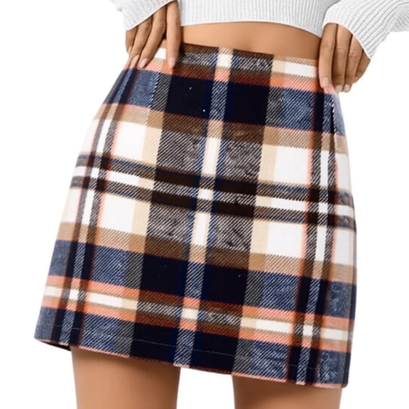 HOWPAY Women's Plaid Skirt Slim Fit Retro Pencil a Line Dresses High Elastic Waisted Knee Length Bodycon Mini Skirts Casual Basic Fall Winter Outfit Brown L