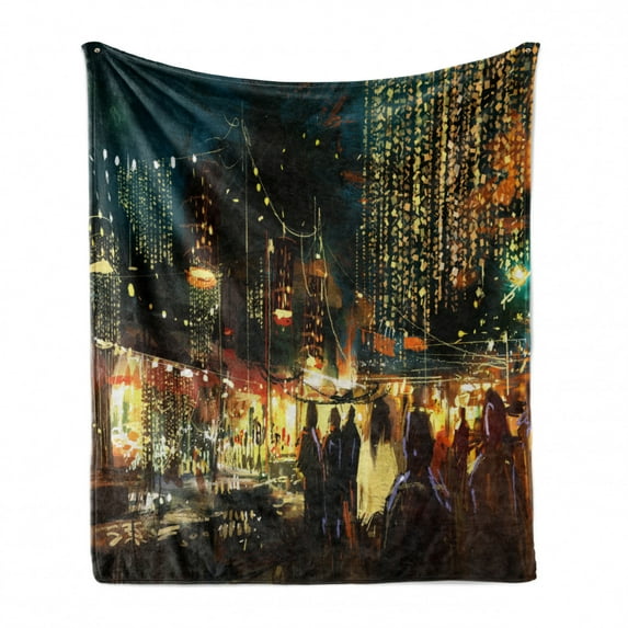 Night Soft Flannel Fleece Throw Blanket, Painting of Shopping Street City with Colorful Nightlife Abstract Brushstrokes Art, Cozy Plush for Indoor and Outdoor Use, 70" x 90", Multicolor, by Ambesonne