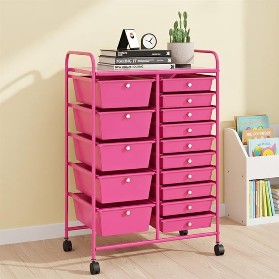 Topcobe 15-Drawer Utility Rolling Organizer Cart MultiUse Storage, Rolling Carts with Wheels for Kitchen, Living Room, Pink