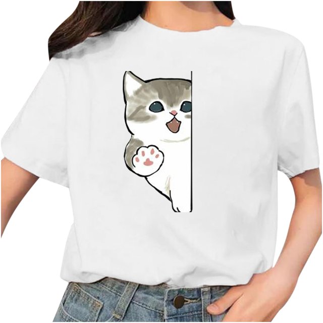 Camiseta blanca informal con cuello redondo y manga corta con estampado de gato bonito para mujer Pompotops hkajfhjk459205