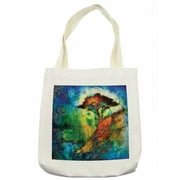 Bohemian Tote Bag, Eastern Grunge Murky Tree on Hill with Circular Mandala Blur Paint, Cloth Linen Reusable Bag for Shopping Books Beach and More, 16.5" X 14", Cream, by Ambesonne