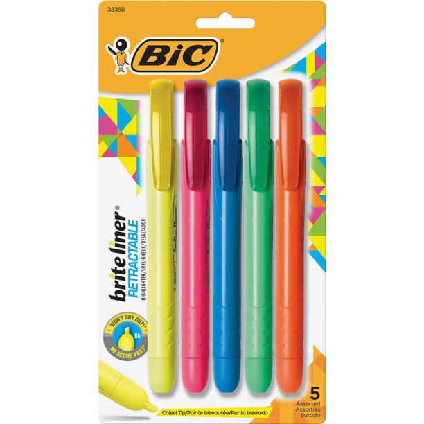 BIC Brite Liner Retractable Highlighter, Chisel Tip, Assorted Colors, 5Count