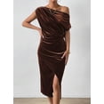 thumbnail image 5 of Mocha Brown Womens Mid-Length Off Shoulder Fitted Velvet Dress With Side Slit, 5 of 6
