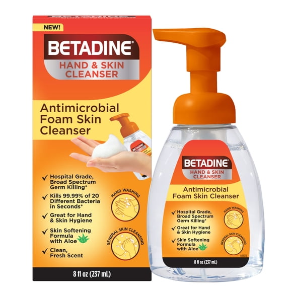 Betadine Antiseptic Cleansing Foam Pump, 8oz, Antibacterial Body Wash, Antimicrobial Skin Cleanser, Gentle Antiseptic Wash for Daily Protection