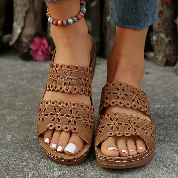 Women's Summer New Casual Large Size Solid Color Hollow Sandals Beach Wedge Fish Mouth Sandals Summer Sandals for Women Brown 39