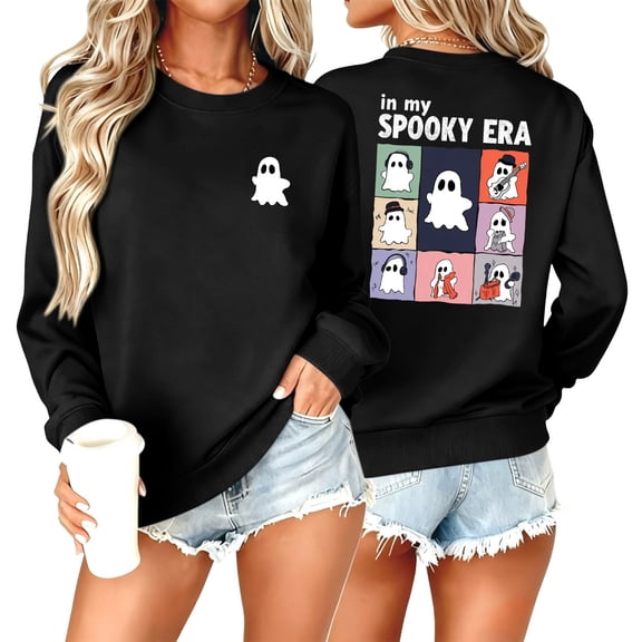 Sokhug Long Sleeve Halloween Sweatshirt Print Pullover Tops for Women Casual Round Neck Halloween Graphic Front Back Print Sweatshirt Fall Winter Holiday Casual Wear