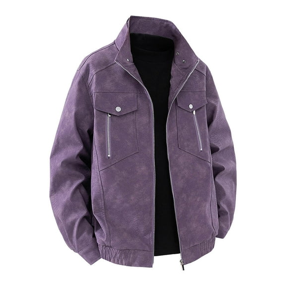 MIXUE Mens Coats And Jackets Autumn Winter Leather Solid Color Lapel Long Sleeve Zip Up Classic Coat Outwear,Purple,XXXL