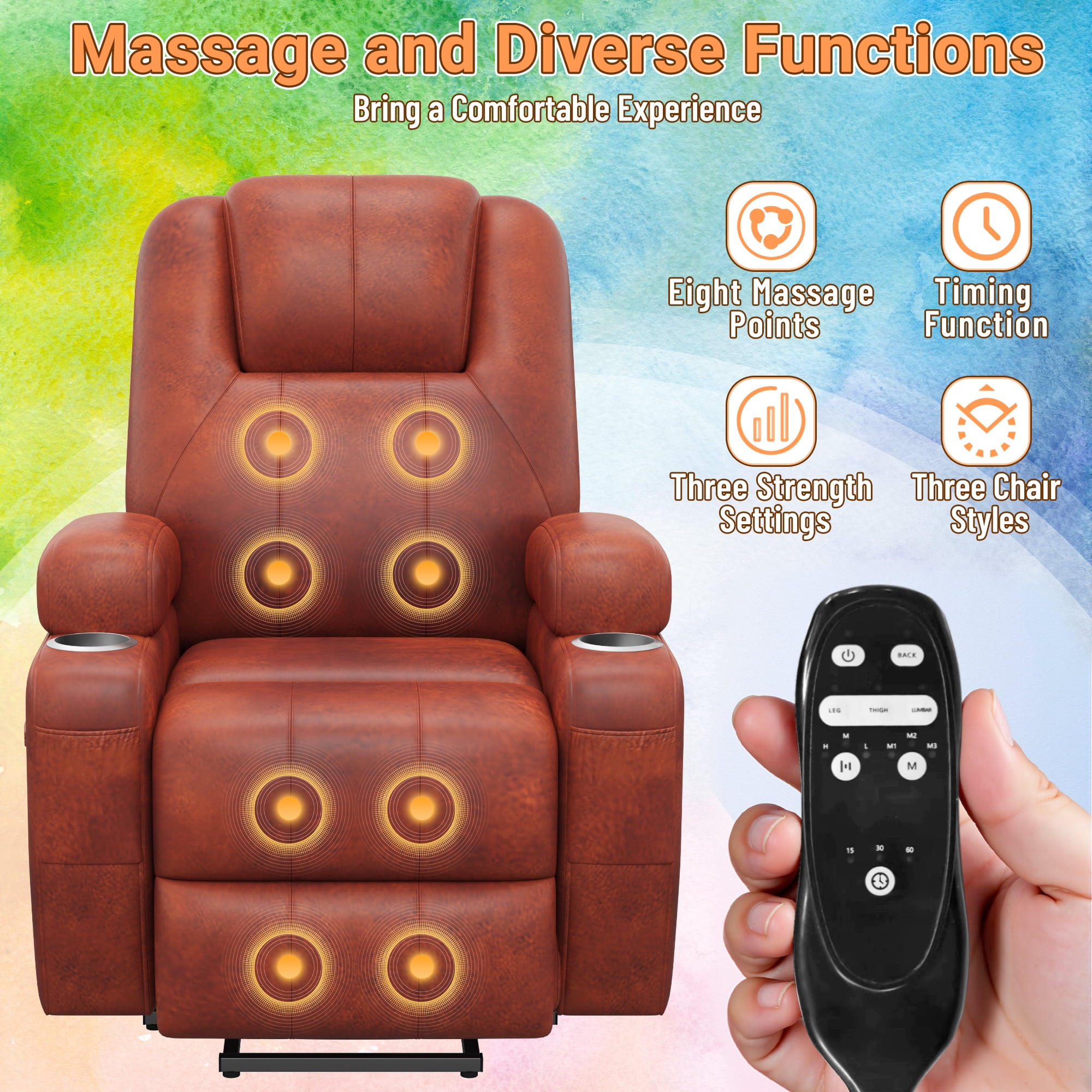 Vineego Power Lift Recliner Chair with Massage - Remote Control, Leathaire Fabric, Cup Holders for Elderly & Home Theater,Brown