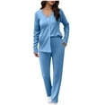 thumbnail image 2 of YUGYXL Waffle Knit Pajamas for Women Set Long Sleeve Button Down Shirts and Pants Pjs Lounge Sets Soft Comfy Sleepwear Blue L, 2 of 3