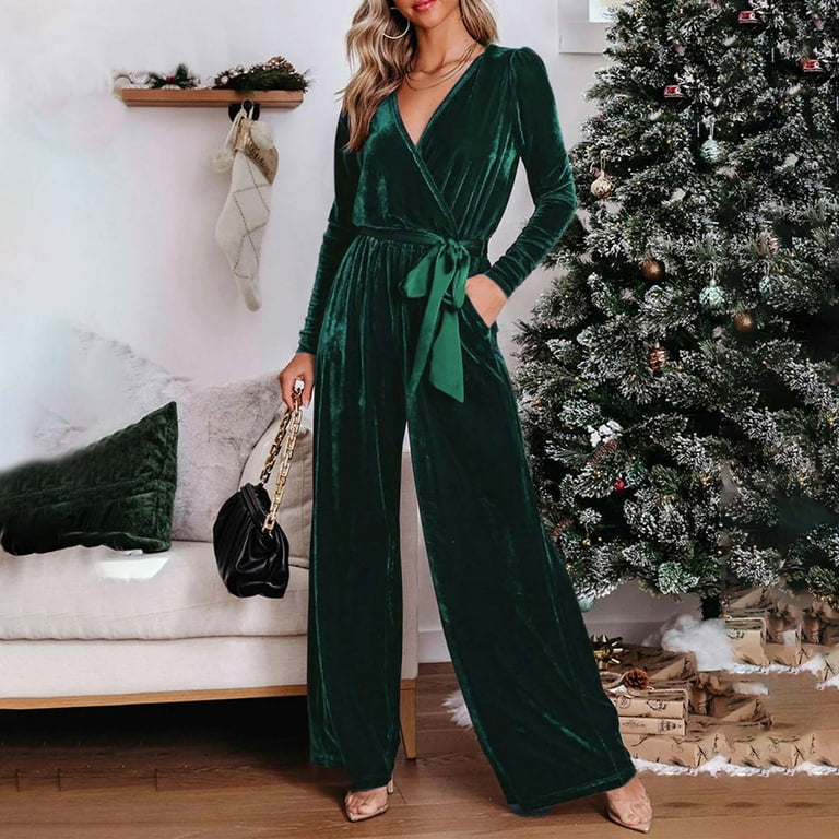 Sinpiling 50 Clearance Off Womens Dressy Long Sleeve Jumpsuit Backless Wedding Guest V Neck Velvet Rompers Trendy Tie High Waisted Wide Leg Solid