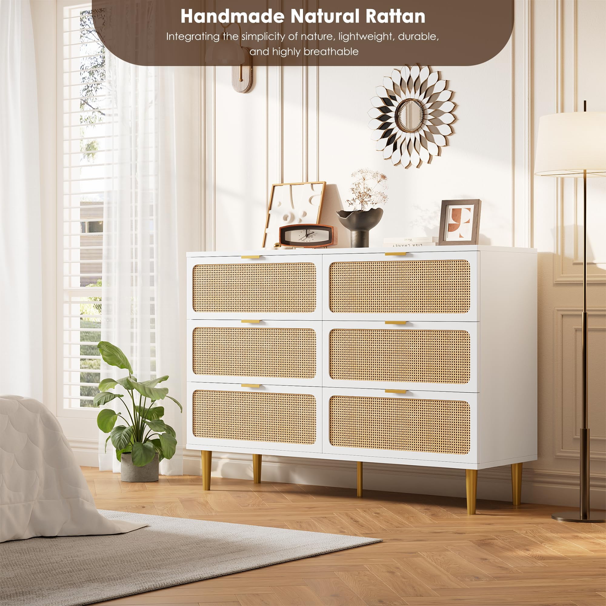 Senfot 6 Drawer Dresser for Bedroom, Large Modern Double Dresser for Closet with Wide Top, Rattan Chest of Drawers with Deep Drawers, Horizontal Wooden Dresser for Hallway, Living Room, White