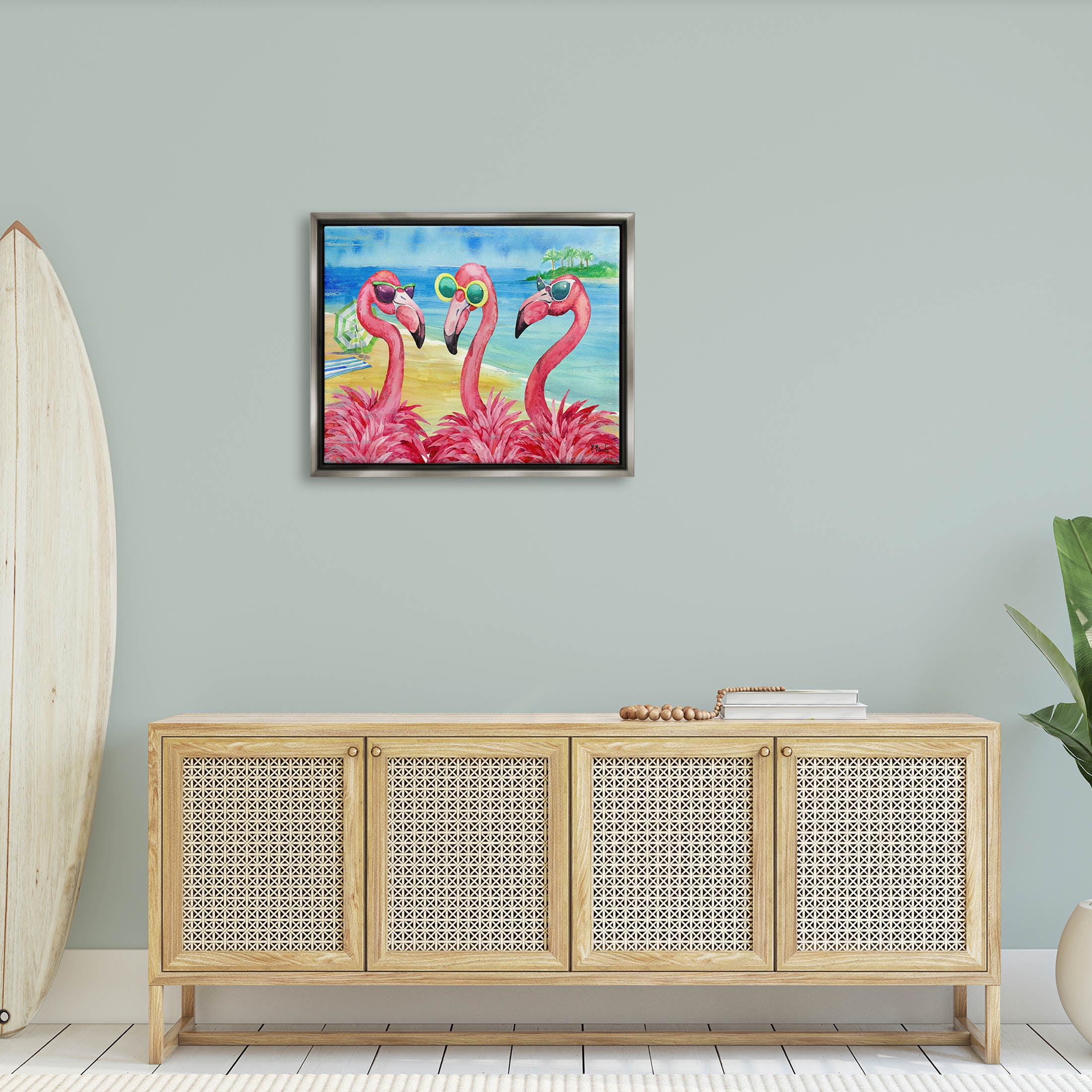 Stupell Industries Flamingo Girlfriends Tropical Coast Graphic Art Luster Gray Floating Framed Canvas Print Wall Art, Design by Paul Brent