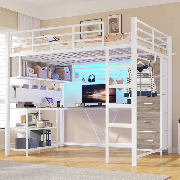 Full Size Loft Bed with Desk & 5 Storage Drawers, LED Metal Loft Bed with Storage Bags & Clothes Hanging Rail, White