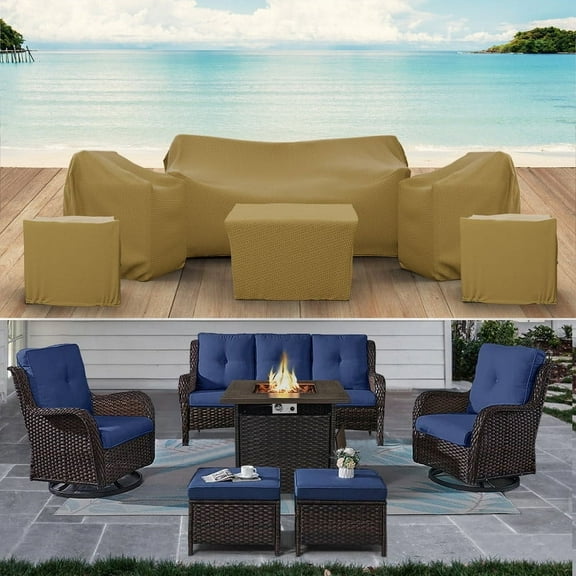 Patio Furniture Set Cover for 6 Piece Wicker Seating Group, Water UV & Weather resistant Cover for Patio Conversation Set with Fire Table