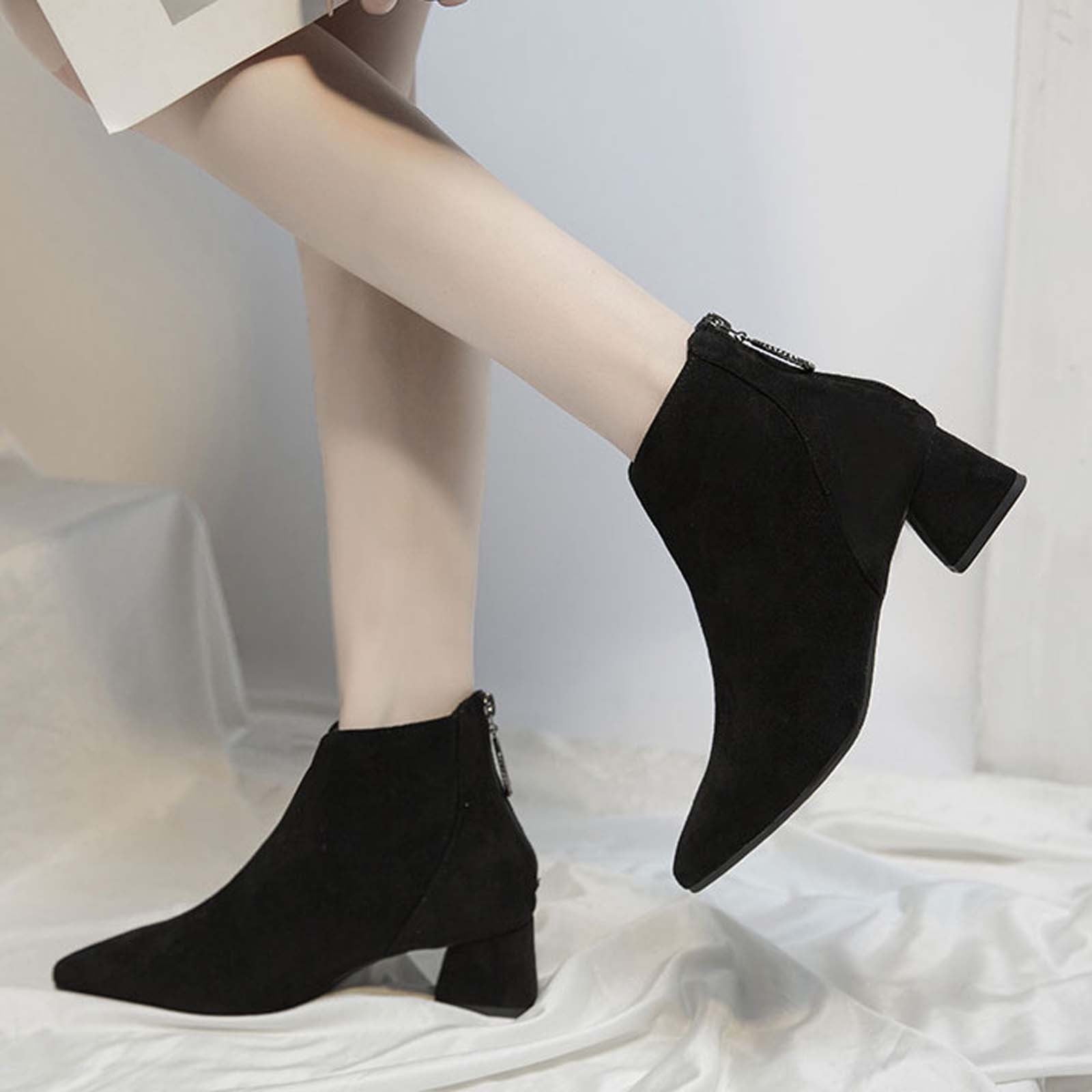 Mother's Day AXXD Women's Chunky Zip Solid Color Pointy Toe Middle-Heels Boots Woman Fall Boots Clearance Black Size 35(US:4)