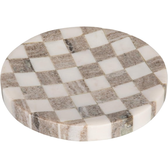 Round Marble Checkered Cheese and Serving Tray, Buff Color and White