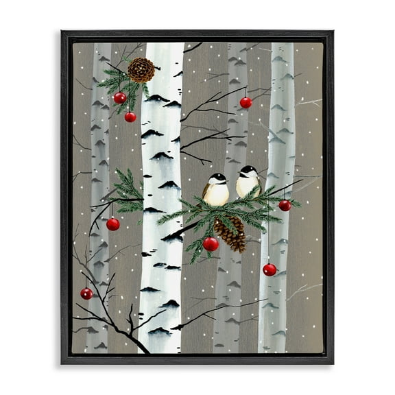 Stupell Industries Birds and Holiday Ornaments Birch Tree Forest Jet Black Framed Floating Canvas Wall Art, 24x30, by Grace Popp
