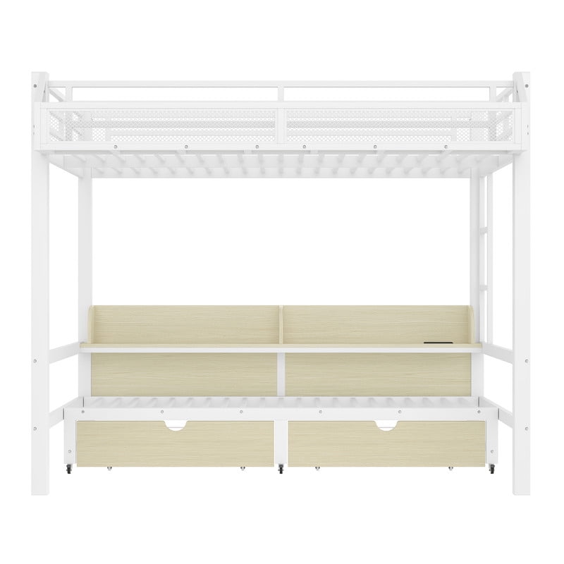 Queen-Over-Queen Metal Kids/Teens Bunk Bed with Basket, Drawers & Shelves, Storage Bed Frame with Charge Station & LED Lights