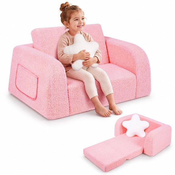 babyeap 2-in-1 Wide Base Kids Sofa,Fold Out Toddler Couch with Star Pillow,Soft Kids Chair for Reading, Playroom, Bedroom & Nursery,Light Pink