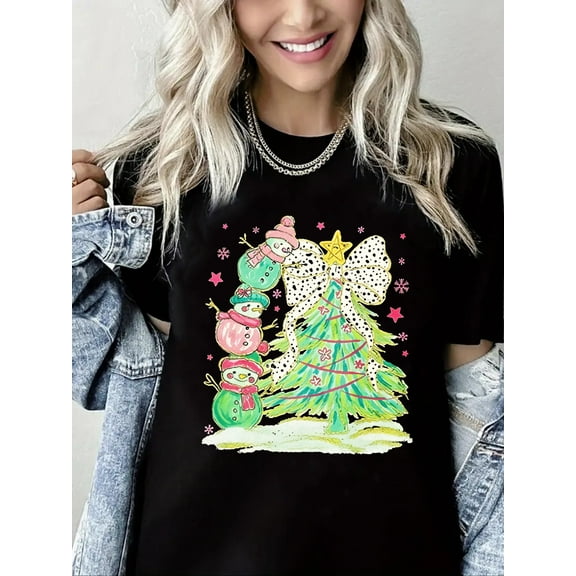 Woman Christmas T-Shirt Christmas Tree and Snowman Graphic Shirt Casual Loose Short Sleeve Black Top