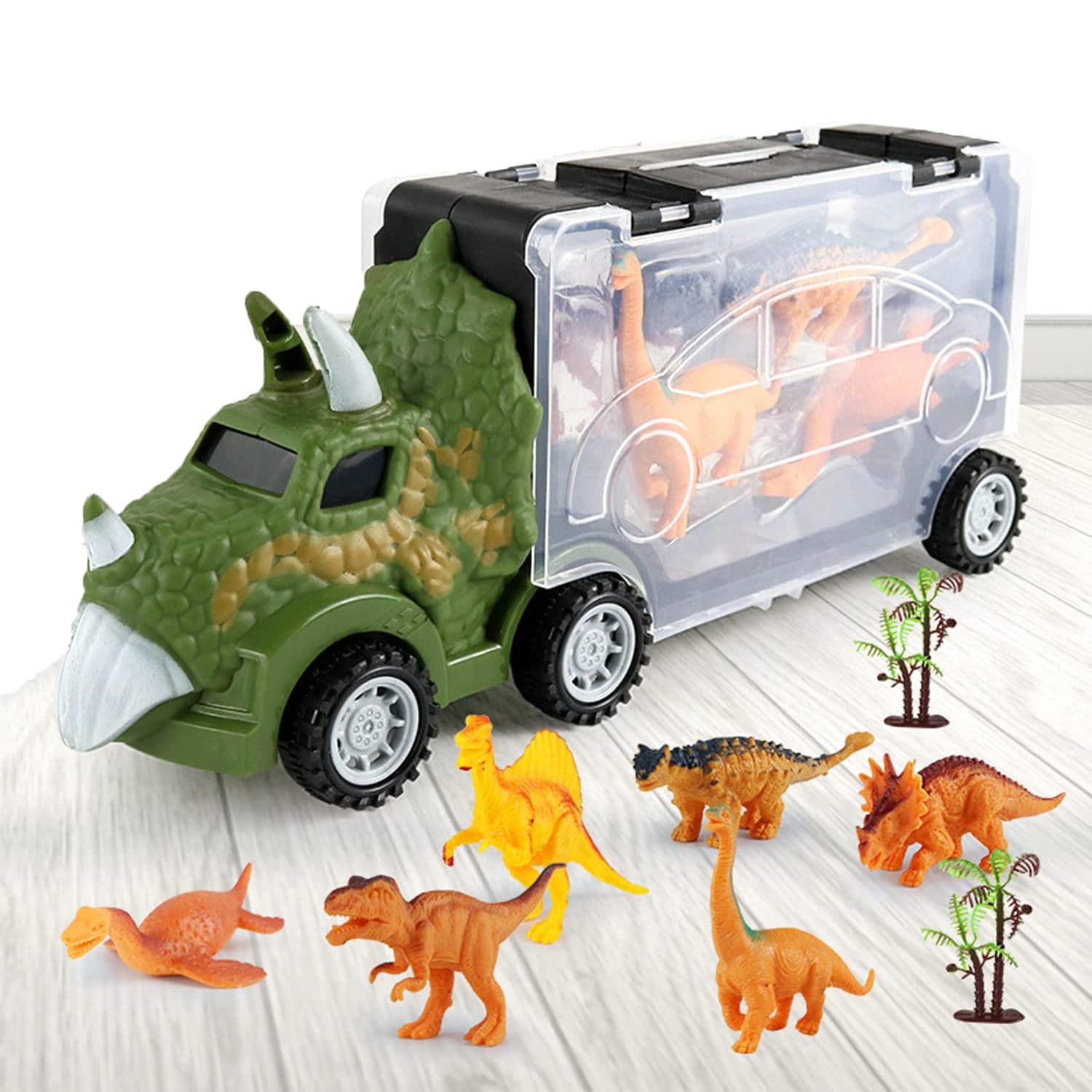 Prextex 16 Tractor Trailer Dinosaur Carrier with 6 Mini Plastic Dinosaurs 