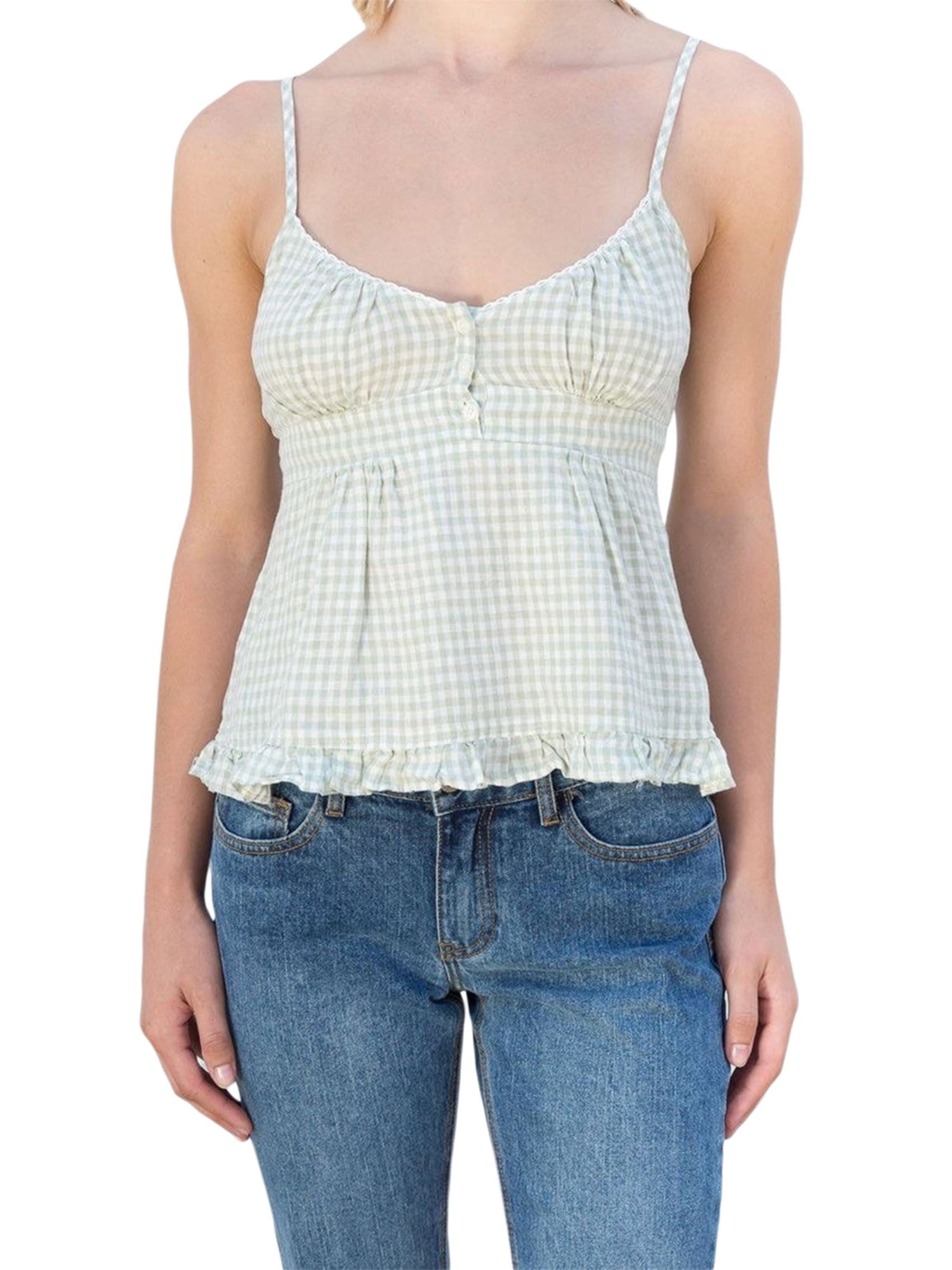 Kmbangi Veste d'Été Casual Camisole Solide/placée Sans Manches à Volants en V Profond