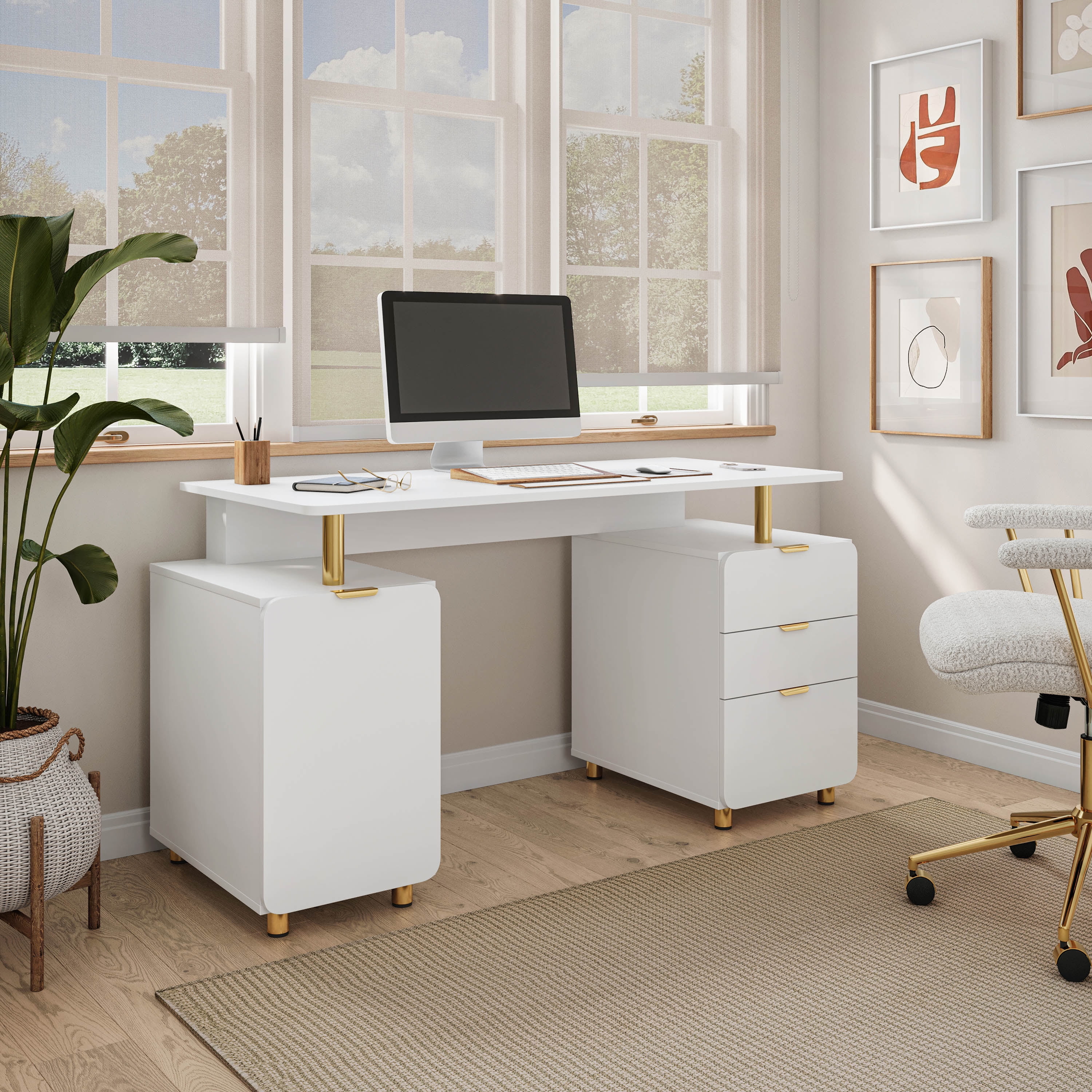 56.75" W Elegant Executive Desk with 3 Drawers and Storage Cabinet, Modern Office Desk with Gold Accents, Floating Work Surface, Closed Storage with Ventilation & Adjustable Shelf, White & Gold
