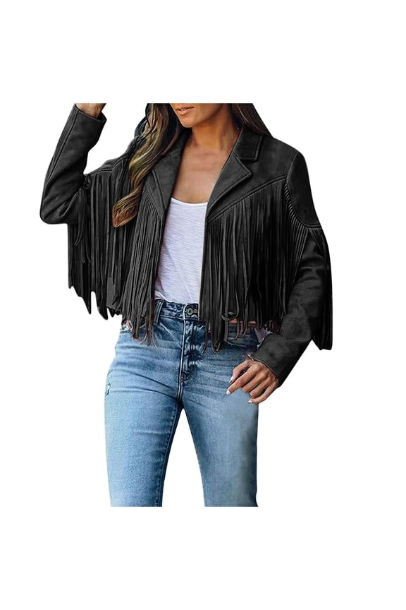 2024 Clearance Womens Vintage Tassel Cropped Motor Biker Faux Suede Jackets Long Sleeve Hippie Boho Western Cowgirl Fringe Coat Outwear