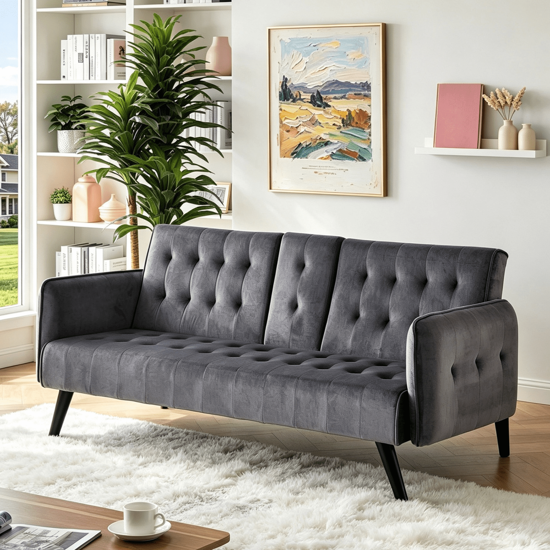 Gewnee 72" Convertible Sofa Bed,Tufted Velvet 3‑Seater Folding Futon Sleeper Couch with Cup Holders,Modern Couch for Home and Guest Room，Dark Gray