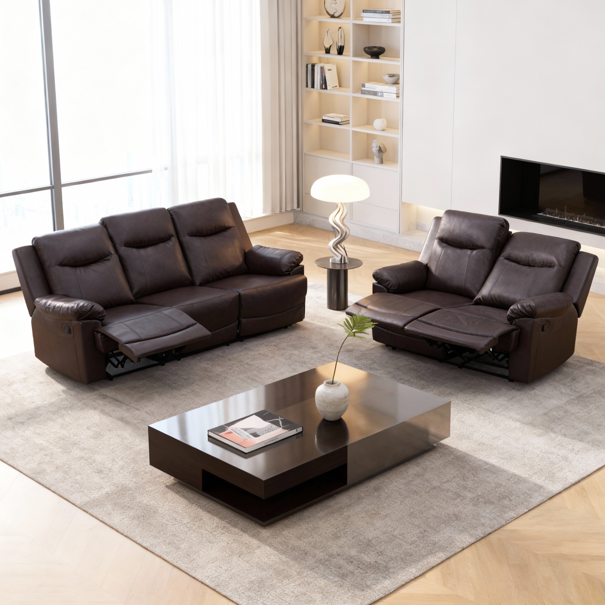 Gewnee Brown 2-Piece Multi-Functional Smart Sofa, Solid Wood Frame with Double-Layer Springs & Air Leather, Ergonomic Reclining for Living Room & Bedroom