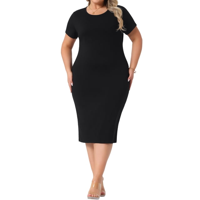 Vestido Bodycon de Talla Grande para Mujer Agnes Orinda, Cuello Redondo, Manga Corta, Con Abertura en la Parte Posterior, Estilo Casual, Midi, Vestidos de Camiseta 3X Negro