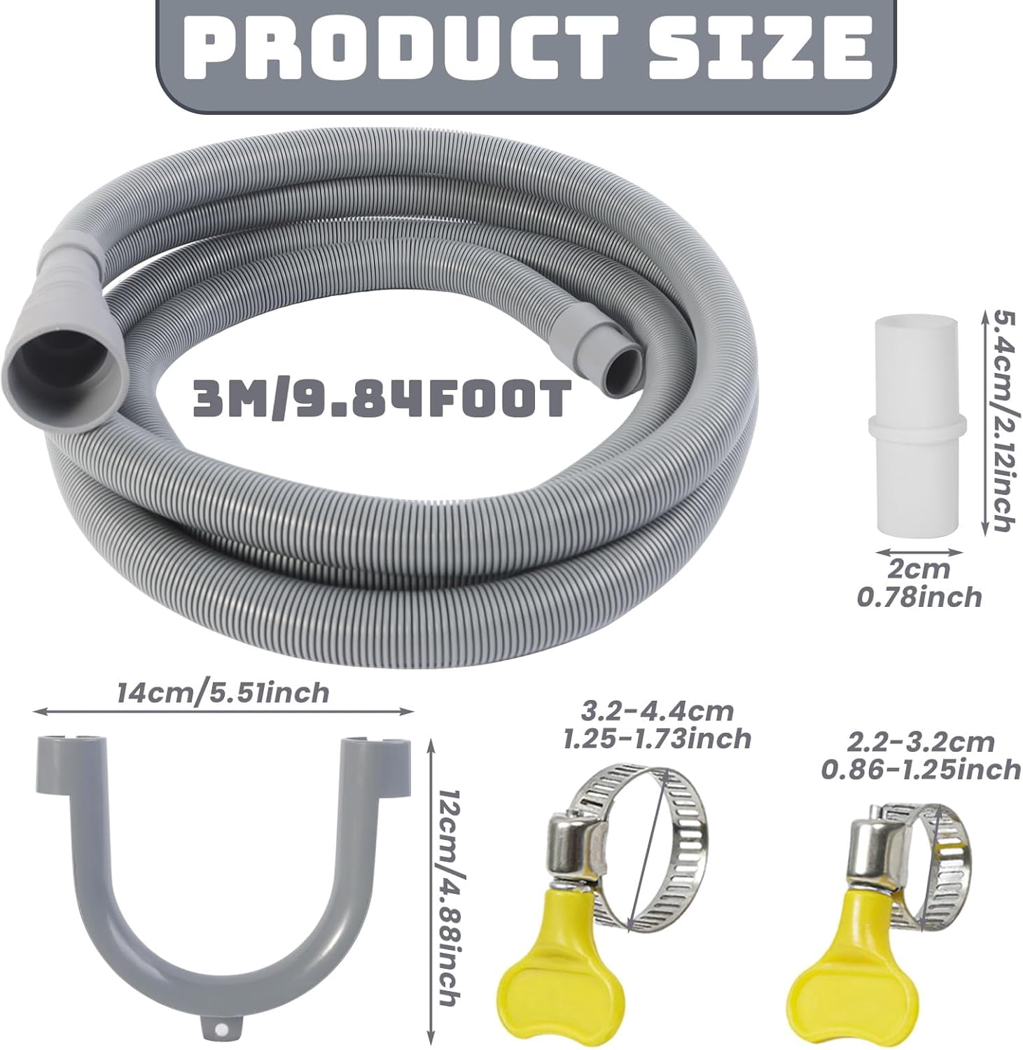 10 FT Washing Machine Drain Hose, Universal Dishwasher Drain Hose Kit, Including a 10 FT Dishwasher Drain Hose Extension, 1 White Extension Joint, 6 Steel Clamps and U-Shaped Elbow Hose Bracketr