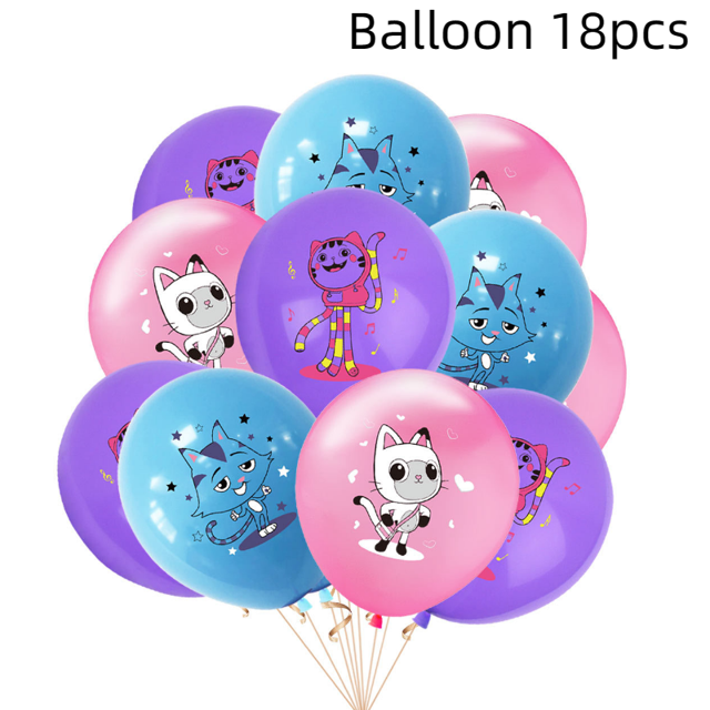 gabby casa de muñecas de juguete para niños, almohada cakey kittys, peluche de gato de peluche de anime, gato de dibujos animados, muñeca de sirena para niños, regalos de cumpleaños paquete de 18 globos color Q con impresiones de gatos caricatura en rosa, morado y azul, vista frontal centrada de globos agrupados con varillas de plástico sobre fondo blanco.