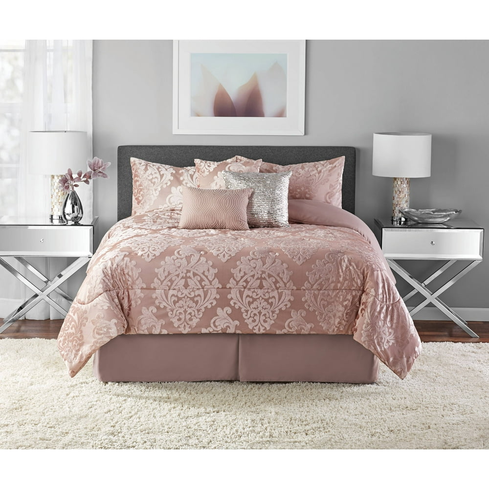 Mainstays Armin Burnout Velvet Damask 7Piece Comforter Set, King, Rose