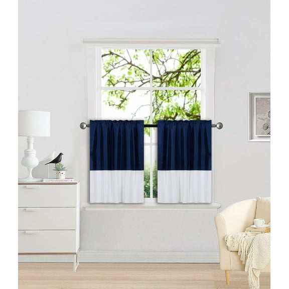 1 SET ANY CURTAIN SEMI SHEER ROD POCKET PANEL 2 TONE SOLID COLORS NAVY / IVORY CAN SEE THRU TREATMENT WINDOW KITCHEN, BATHROOM SIZE 30" WIDE X 36" LENGTH