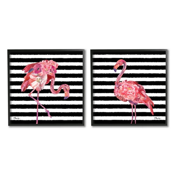 Bold Striped Flamingo Blossoms Animals & Insects Graphic Art Black Framed Art Print Wall Art, Set of 2