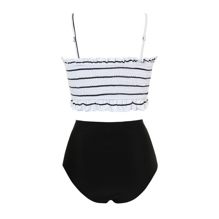 OMKAGI Women's Bandeau Bikini Sets Cute Shirred Swimsuit High Waisted  Bathing Suit(S,58-Black White) 
