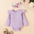 thumbnail image 5 of Odeerbi Infant Two-piece Set Baby Infant Girls Bow Outfits Flowers Print Ruffle Cotton Clothes Toddler Kids Bow Three-piece Outfit Purple, 5 of 9