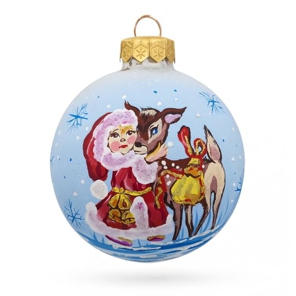 Girl with Reindeer Glass Ball Christmas Ornament 3.25 Inches