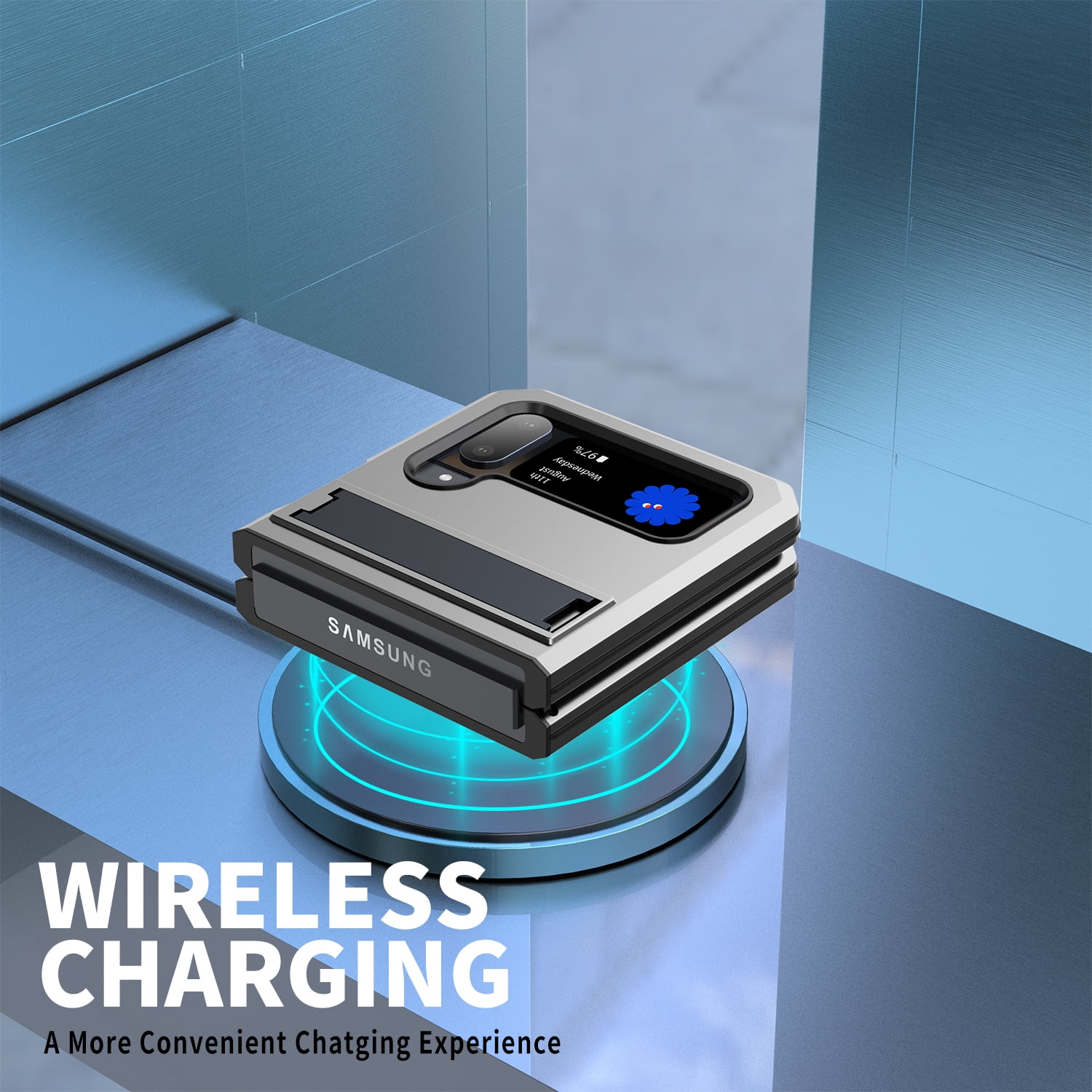 ELEHOLD for Samsung Galaxy Z Flip 4/3 6.7" Case, Heavy Duty Armor Built-in Explosion-Proof Tempered Glass Screen Protector Wireless Charging Hang Rope Hidden Kickstand Shockproof Rugged Case,Silver
