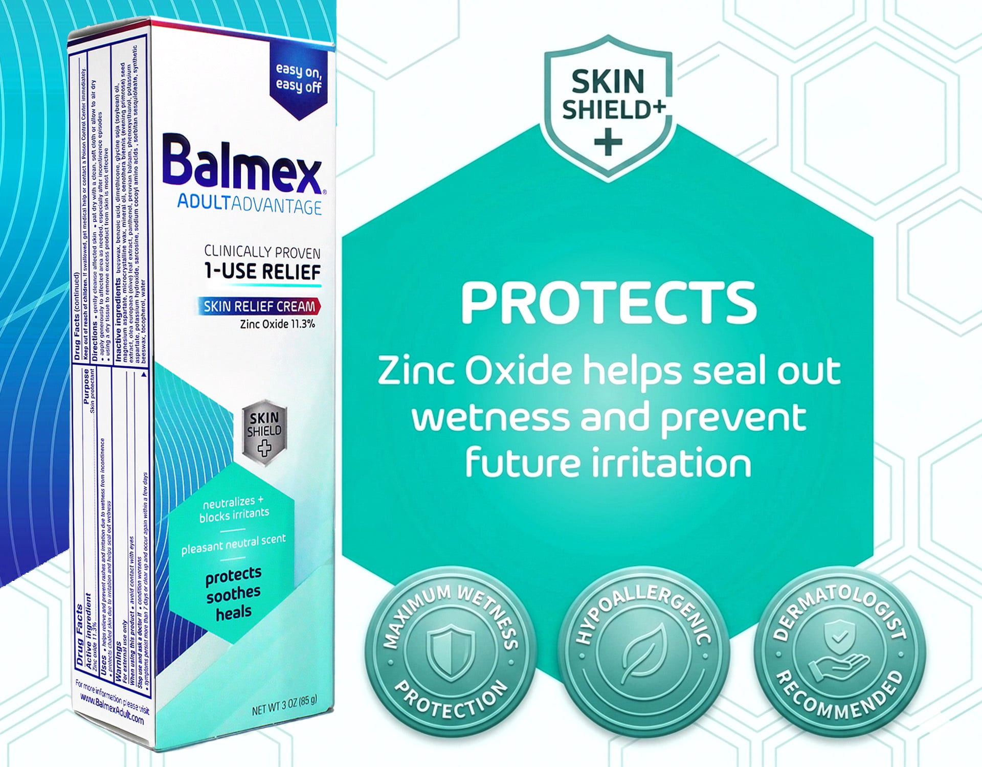Balmex AdultAdvantage Bprotected Skin Relief Healing Cream, with Zinc Oxide Barrier Cream Protection + Skinshield Soothing Botanicals for Adult Incontinence, Adult Rash and Bed Sores, 3oz (Pack of 3)