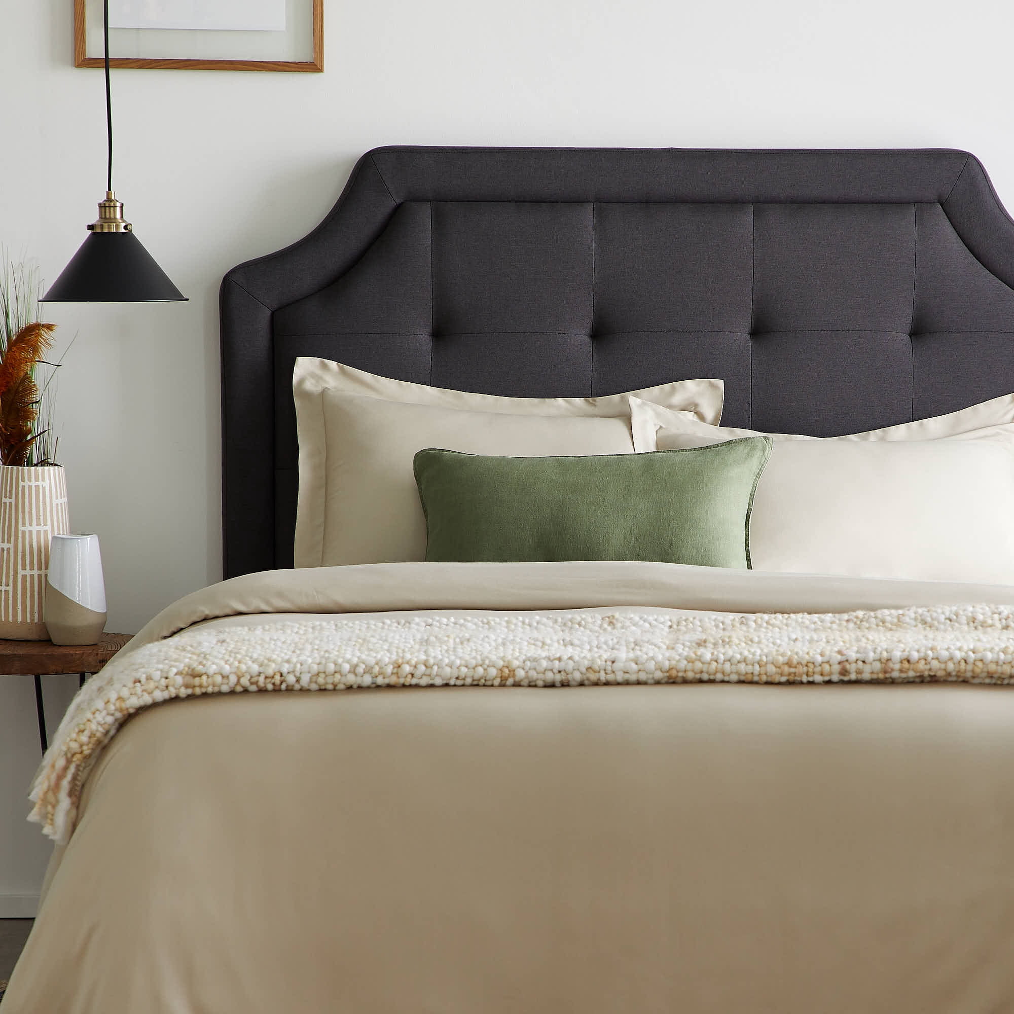 Rest Haven Scallop Edged Upholstered Headboard, Queen, Charcoal