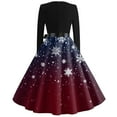 thumbnail image 3 of Women's Christmas Print Flare Dress with Snowflake, Christmas Tree and Snowman Pattern, Long Sleeve V-Neck Vintage Party Dress for Holiday Festive Occasions,Dark Blue,Size XL, 3 of 4