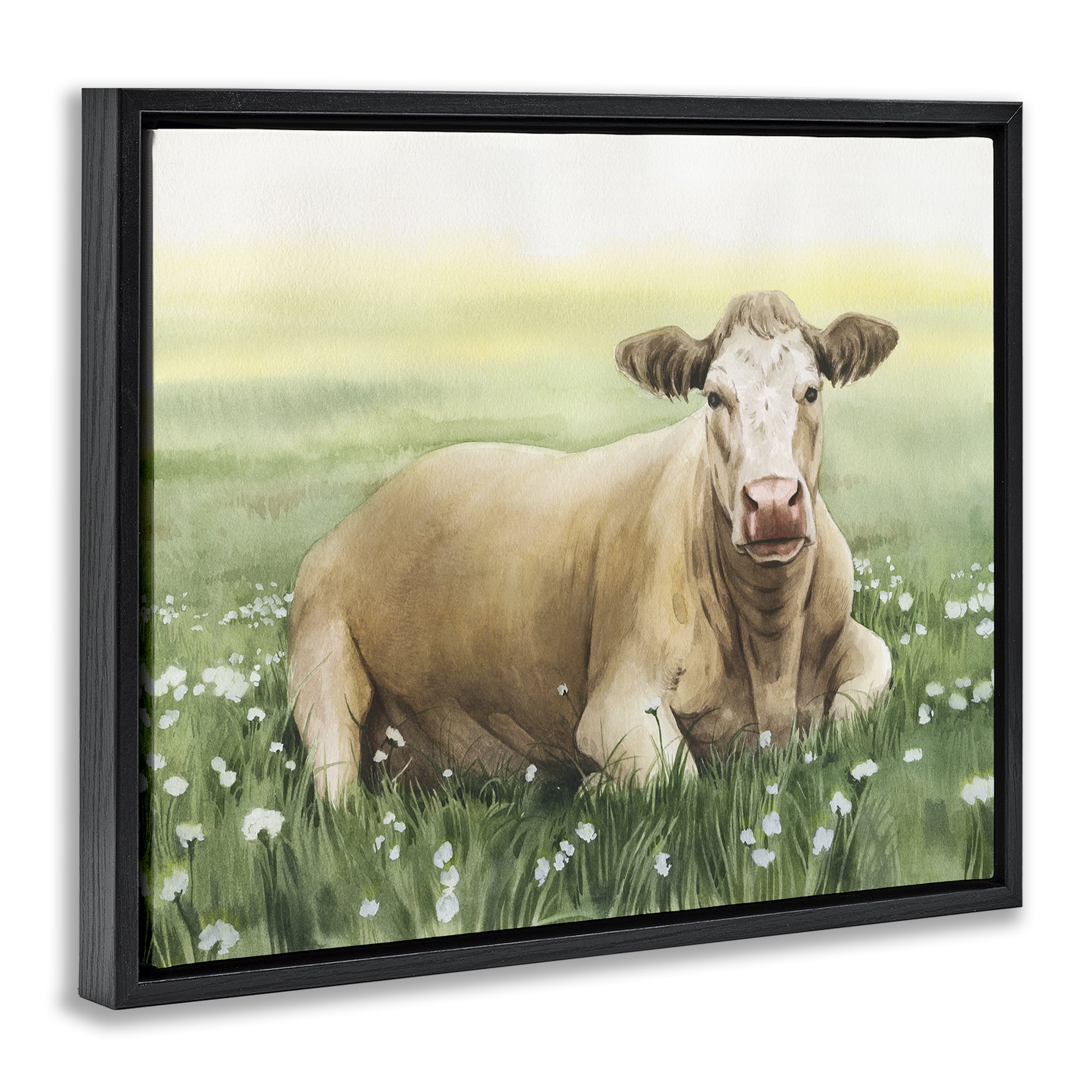 Stupell Industries Resting Beige Cow Animals & Insects Painting Black Floater Framed Canvas Art Print Wall Art, 21 x 17