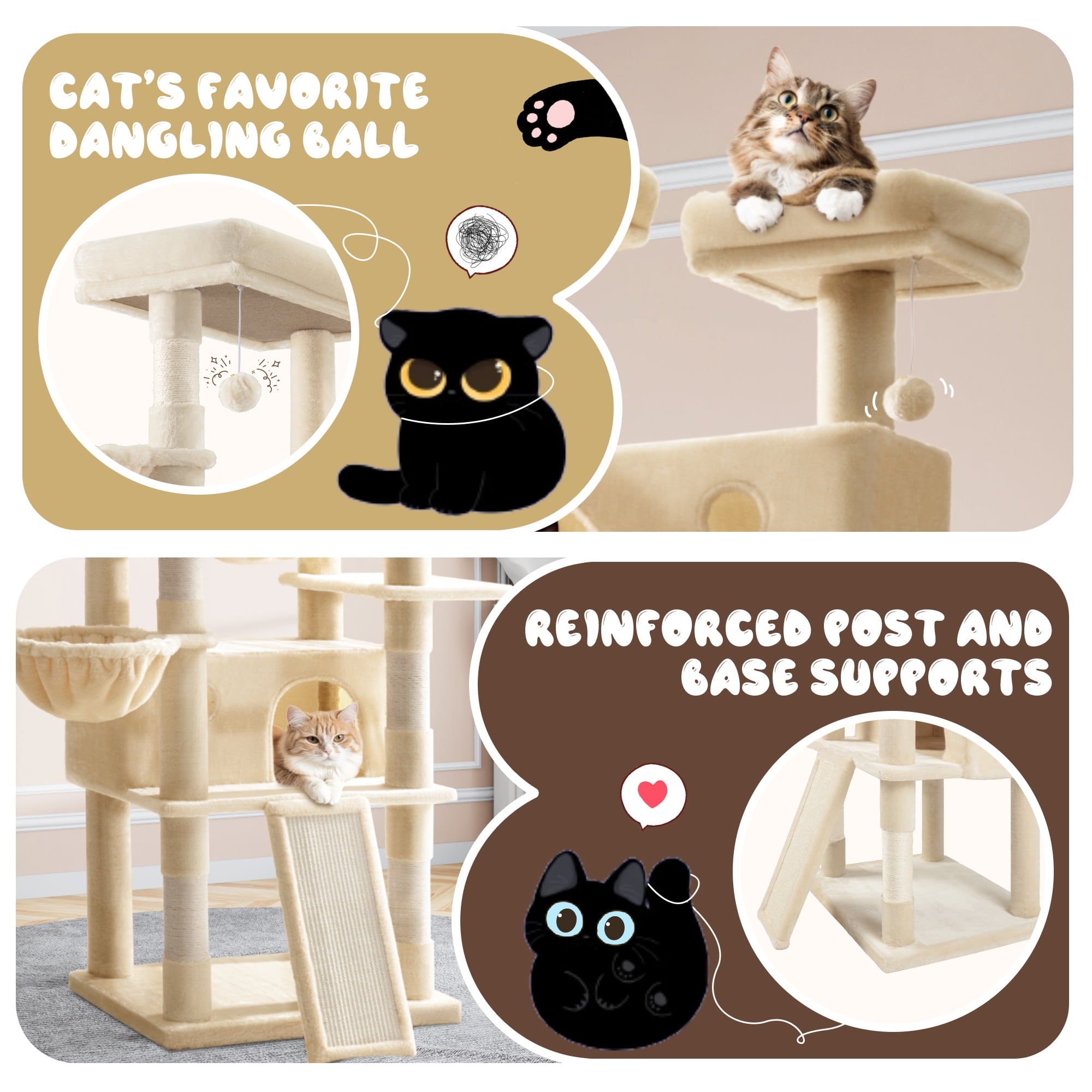Amolife 81" Large Cat Tree Tower for Large Cats with Cat Condo Hammock, 2 Scratching Ramps, 6 Scratching Posts, Beige