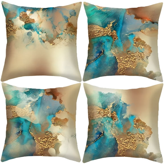 AUQ 2026 New Abstract Pillow Covers, Set of 4 Nordic Pillow Cases Teal Blue and Gold Modern Decorative Cushion Covers for Sofa Couch 18X18 Inches